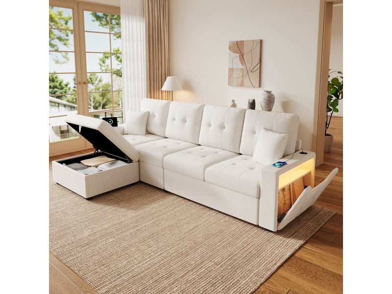 Canapé d'angle modulable modenvie 4 places avec pouf coffre mobile, rangements, éclairage led, ports usb et type-c, tissu beige - Conforama E