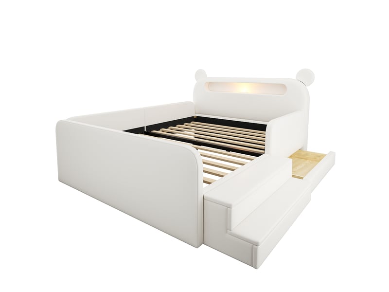  Lit enfant 140x200 cm - lit 2 places avec rangement intégré - tête de lit ours avec veilleuse et usb - similicuir - blanc  - Conforama R