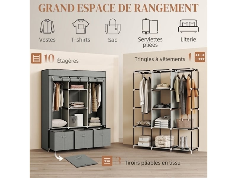  Armoire en tissu gris clair avec 2 tringles et 3 tiroirs, penderie pliante anti-poussière, 125x43x162,5 cm  - Conforama E