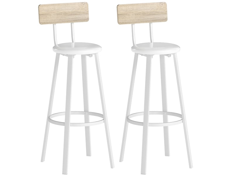  Lot de 2 tabourets de bar, chaises de bar, assise rembourrée 75,5h cm, dossier et repose-pieds, bois naturel et blanc  - Conforama A