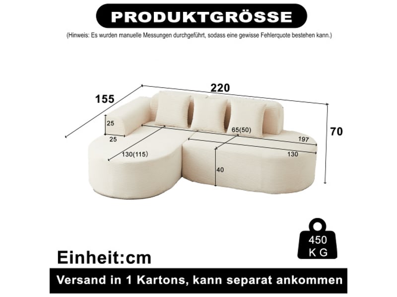 Canapé d'angle modulable 220 cm en velours côtelé - dossiers et accoudoirs arrondis, 3 coussins, salonsalle de jeux - Conforama C