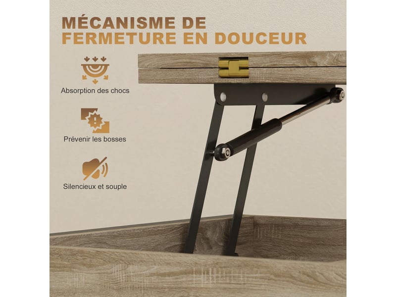  Table basse relevable et extensible, 98x49x55cm, table de salon avec compartiment caché étagères ouvertes, bois naturel  - Conforama R