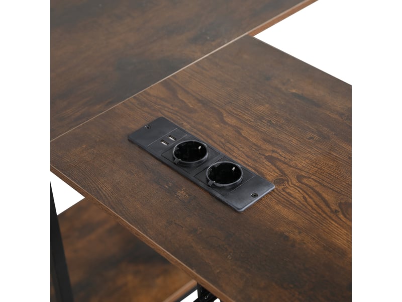  Lit mezzanine 140 × 200 cm, métal et bois, bureau d’angle, escalier, tablette clavier, prises, noir effet bois  - Conforama E