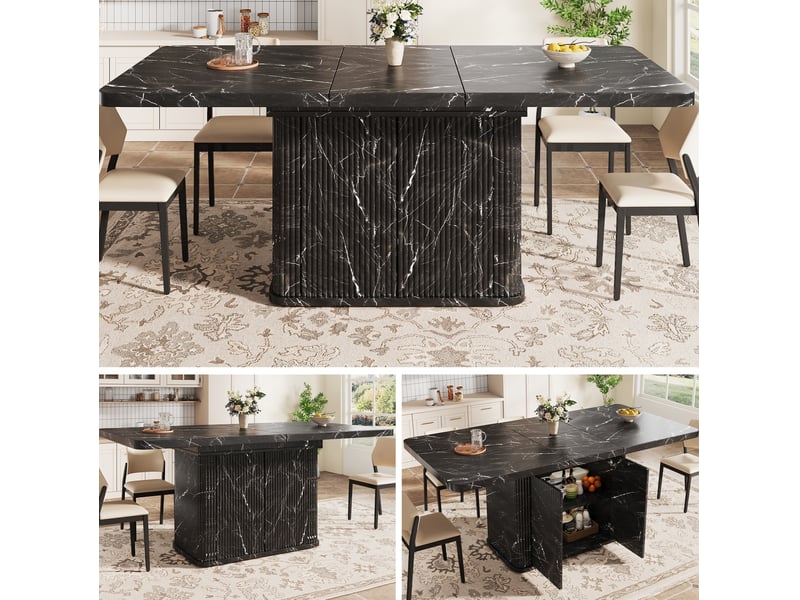  Table de salle à manger extensible avec rangement caché, relief vertical, effet marbre noir, 140 × 80 × 76,5 cm  - Conforama E