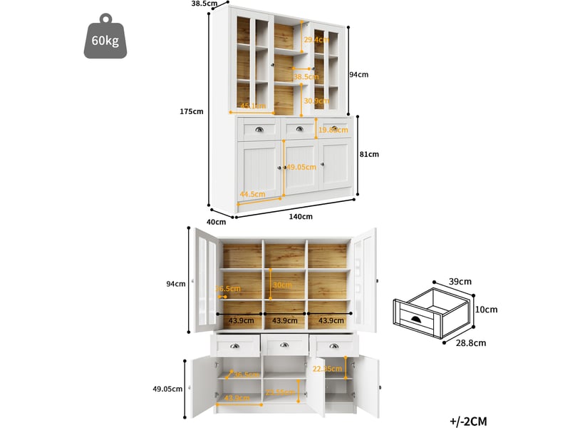  Buffet haut modenvie 140 x 38,5 x 175 cm en mdf et acrylique blanc avec 3 tiroirs et rangements  - Conforama C