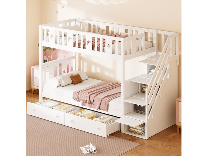 Lit superposé enfant 2x90x200 cm avec escalier de rangement et 2 tiroirs, blanc - Conforama B