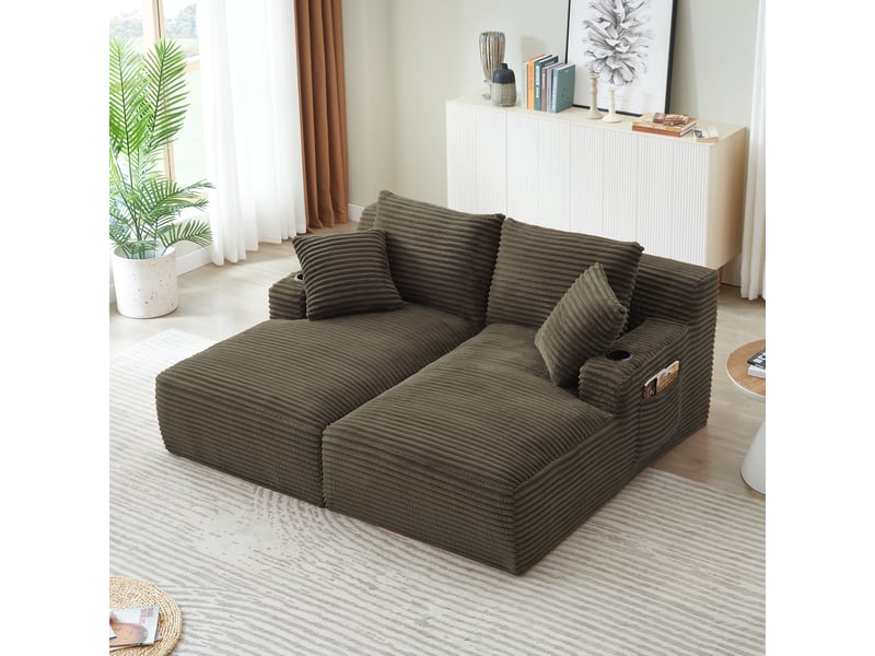  Canapé droit 2 places marron en velours côtelé, double chaise longue, porte-gobelets, sans montage Fay Lum - Conforama B