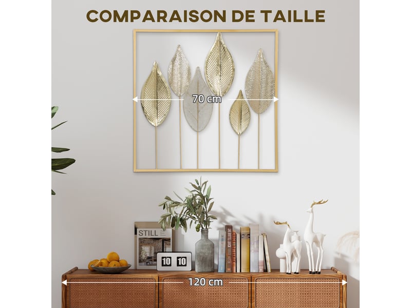  Décoration murale en métal moderne, sculpture murale en métal en forme de feuille, doré, 70 x 70 cm  - Conforama W