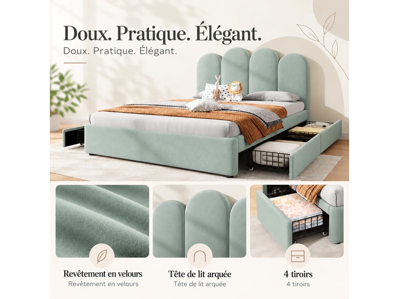  Lit rembourré 140x200 cm avec 4 tiroirs de rangement et tête de lit arquée en velours, lit enfant bas, vert clair  - Conforama D