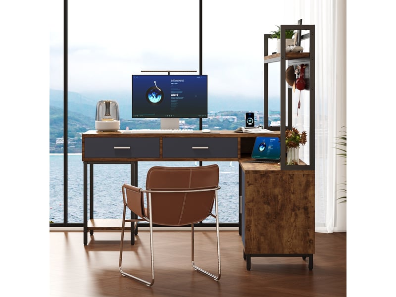 Bureau d'angle en l 140x140x135cm - bureau informatique industriel avec surmeuble, étagère, 2 tiroirs et caisson - noir  - Conforama C