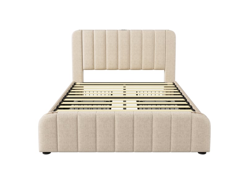 Lit double 160x200 cm, lit adulte, 4 tiroirs, usb type-c, bandes métalliques dorées, lin beige, matelas inclus - Conforama D