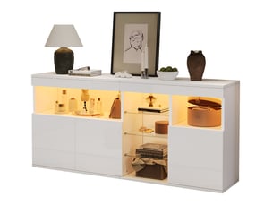 Buffet salon blanc laqué 155 cm avec éclairage led, meuble de rangement 3 portes et étagères en verre