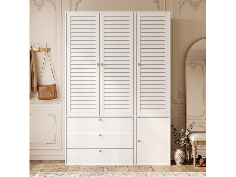 Armoire penderie 3 portes à persiennes, 2 tringles et 3 tiroirs 135x50x200 cm blanc - Conforama W