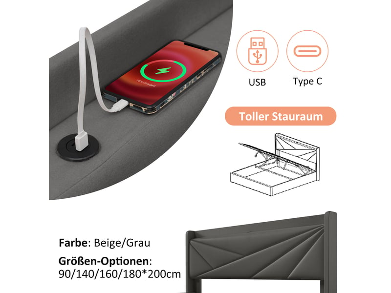  Lit coffre enfant 90x200 cm, espace de rangement, usb type-c et sommier, coton lin gris, sans matelas  - Conforama R