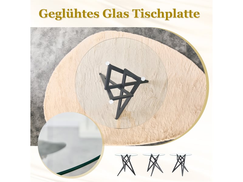  Table basse ronde,ø85 cm,avec piètement métallique géométrique,verre trempé,noir  - Conforama E
