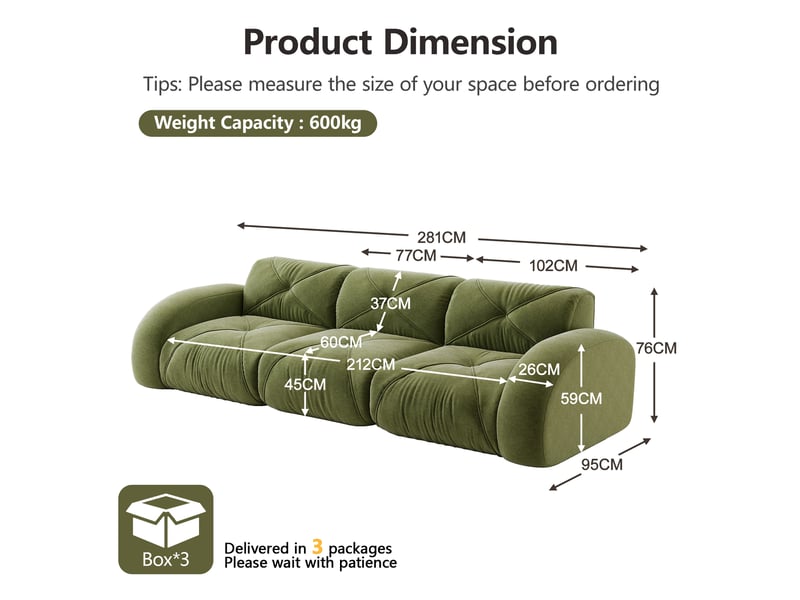  Canapé modulaire 3 places sans cadre en chenille avec confort moelleux et assise stable, pour salon, vert  - Conforama E