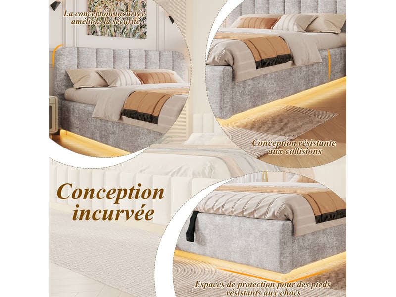  Lit coffre 140x200 cm gris clair, tissu chenille, sommier relevable hydraulique, led contrôlée par appli, sommier à lattes inclus  - Conforama E