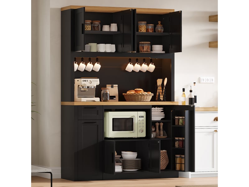  Buffet de cuisine - 120x40x182 cm - buffet vaisselier avec éclairage led, station de charge, tiroirs et étagères réglables - noir  - Conforama B