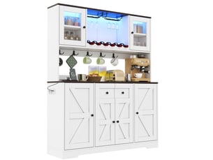 Buffet de cuisine blanc avec led rgb, prises usb, rangements à vin et portes vitrées, style rustique moderne