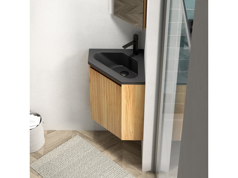  Meuble salle de bain d'angle suspendu 38cm avec vasque noire mate en résine et porte en bois massif  - Conforama E