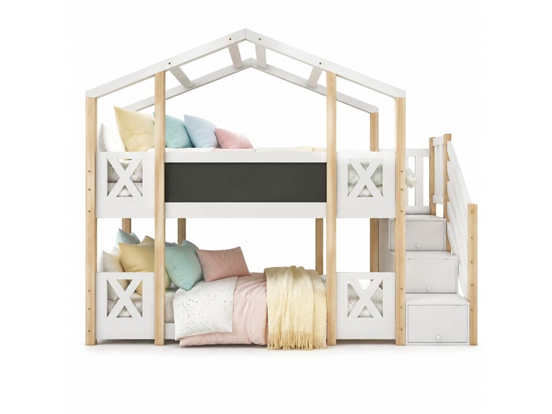  Lit superposé, lit 2 places 90x200 cm en bois avec escalier de rangement, tableau et barrière, sans matelas  - Conforama A