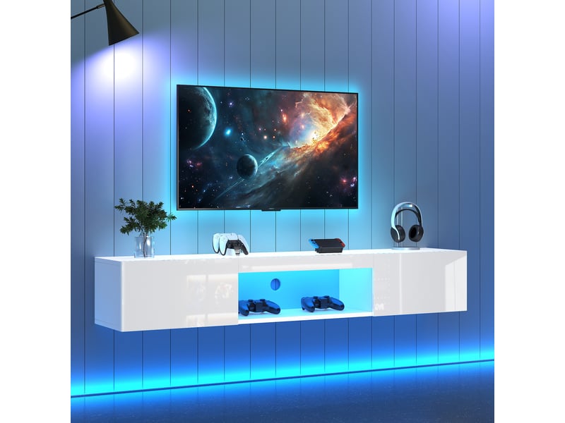  Meuble tv mural 160 cm pour téléviseur jusqu'à 70 pouces, led bluetooth, meuble tv suspendu blanc brillant  - Conforama B