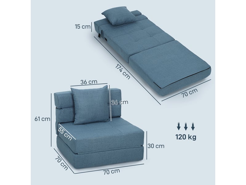  Fauteuil convertible 1 place avec coussin tissu bleu foncé 70 x 70 x 61 cm  - Conforama C
