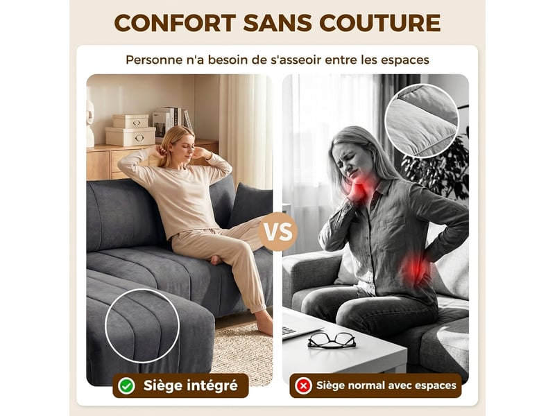  Canapé d'angle modulable 242 cm, canapé 4 places en l avec méridienne réversible, tissu aspect lin, 2 oreillers, gris  - Conforama E