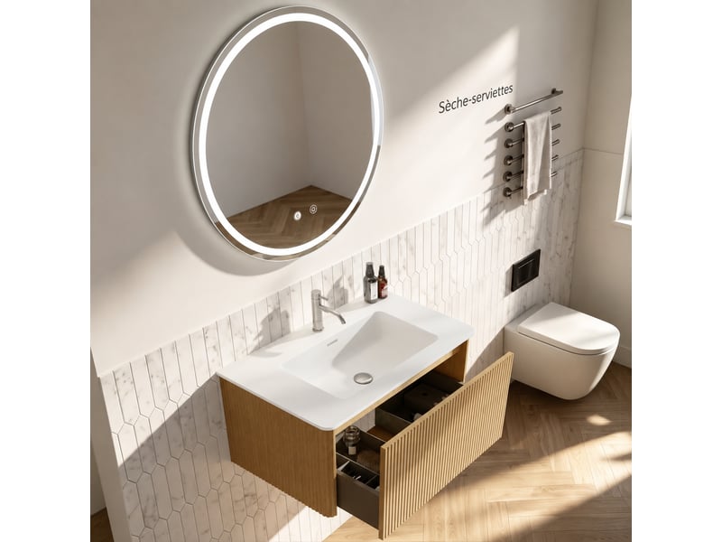  Ensemble meuble vasque suspendu 80 cm avec miroir rond led, finition chêne  - Conforama E