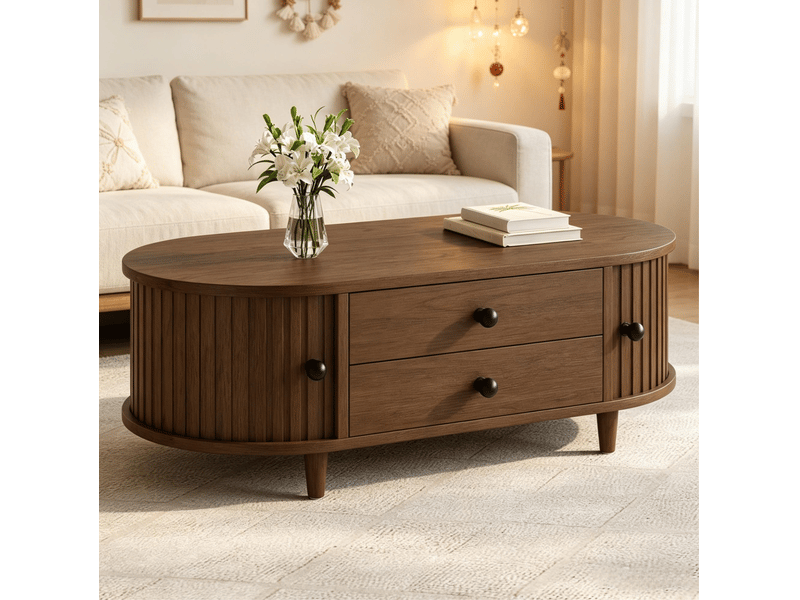  Table basse avec 2 tiroirs et portes coulissantes, finition noyer, en mdf et bois, pour salon, 100 × 50 × 36 cm  - Conforama C