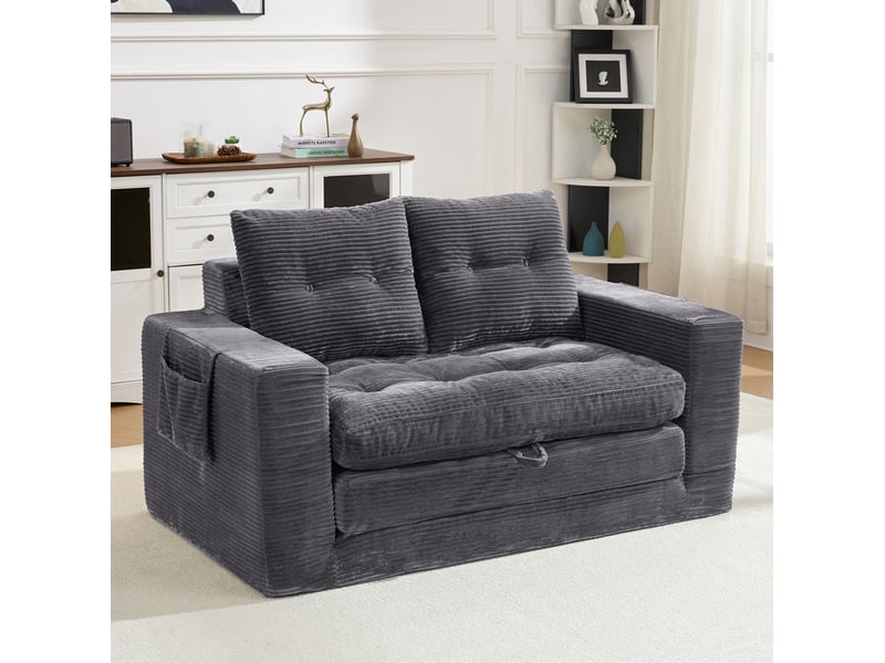  Canapé convertible 2 places extensible avec poches latérales et porte-gobelet en velours côtelé gris foncé  - Conforama C