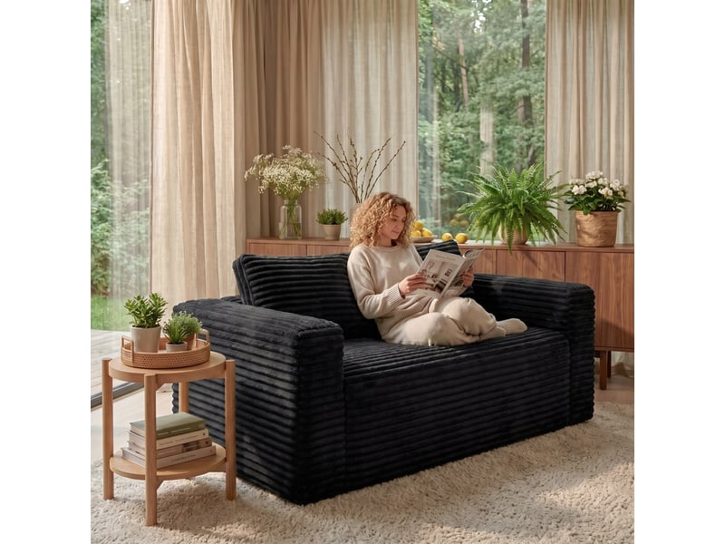 Canapé droit 2 places sans montage en velours côtelé noir, assise profonde en mousse haute densité, 160 cm IKSETERA TRADING LTD - Conforama E