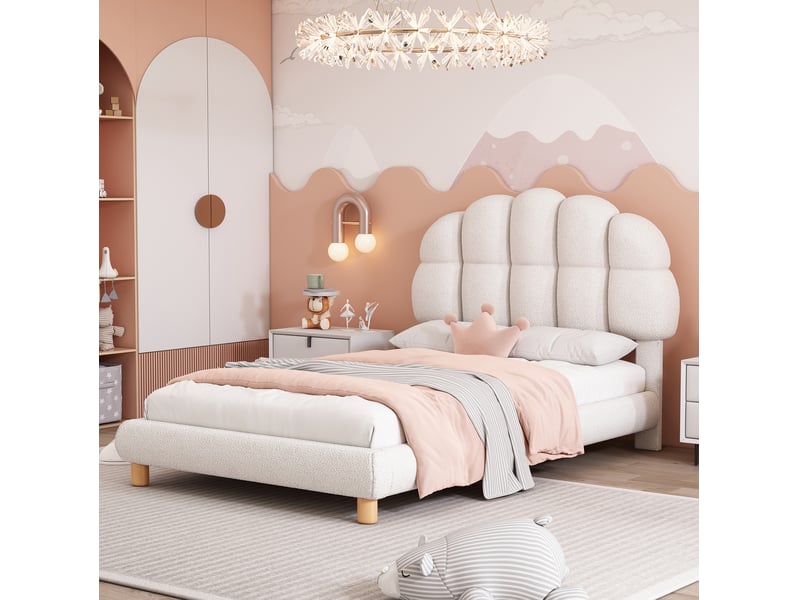  Lit enfant 90 × 200 cm 1 place avec tête de lit rembourrée réglable, sans matelas, en bouclette, blanc  - Conforama C