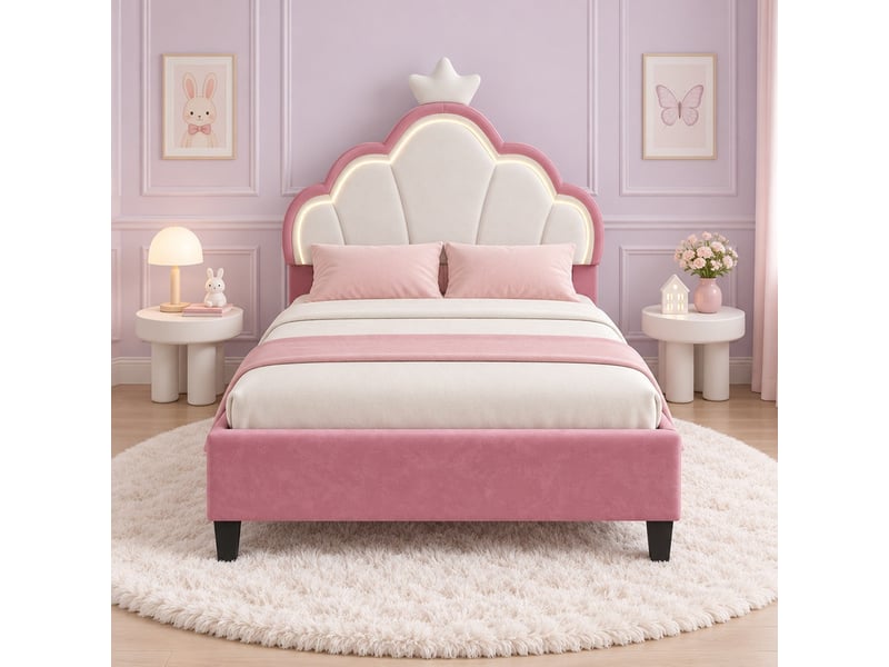  Lit enfant 90x190 cm avec tête de lit réglable couronne, lit simple, led,  velours rose et blanc  - Conforama D