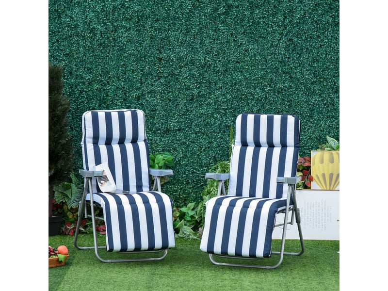  2 chaises longues pliantes de jardin avec accoudoirs, pliables, 5 positions, coussin, bleues, 60 x 75 x 102 cm  - Conforama C