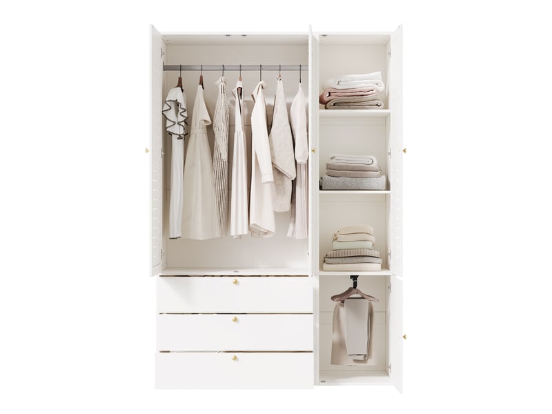  Armoire penderie 3 portes à persiennes, 2 tringles et 3 tiroirs 135x50x200 cm blanc  - Conforama A
