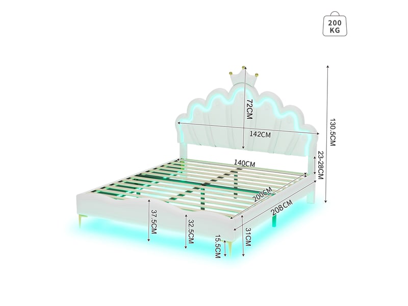  Lit jeune fille 140x200 cm cadre de lit rembourré simili cuir pu, tête de lit couronnée réglable, éclairage led rgb tête + sous lit, lit princesse pour chambre enfant  - Conforama E