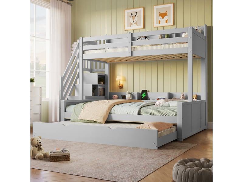 Lit superposé 90 x 200 cm, lit enfant à deux couchages, étagères ouvertes, couchage gigogne, ports usb et usb-c, échelle, bois massif, gris Morn Vibe - Conforama D