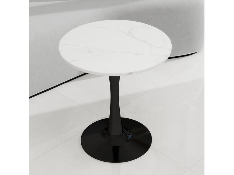  Table basse ronde 70x70x72cm design minimaliste, pieds hauts, marbre reconstitué, adaptée à 2 personnes, noir et blanc  - Conforama W
