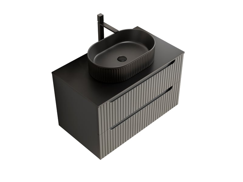  Meuble sous vasque suspendu avec 2 tiroirs, vasque ovale en céramique et plateau en pierre frittée pour salle de bain 80×46×62,2 cm  - Conforama E