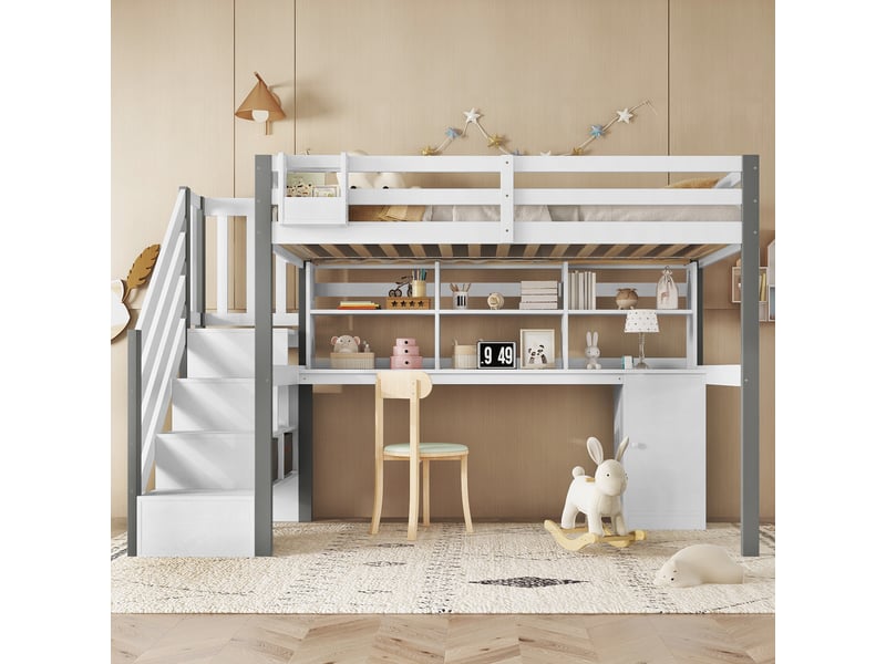  Lit surélevé enfant avec bureau, étagères, tiroirs et boîtes tissu, 90x200cm, blanc et gris  - Conforama C