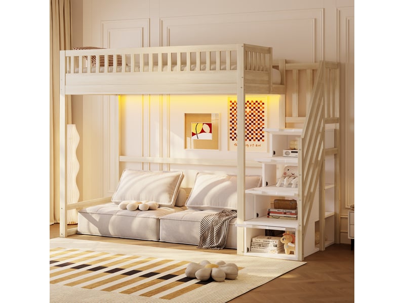  Lit mezzanine 90x200 cm avec escalier de rangement et led en bois coloris naturel  - Conforama C