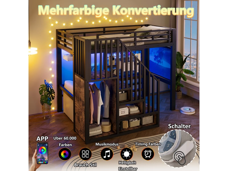  Lit mezzanine, 90 × 200 cm, noir, métal et mdf, éclairage led, rangements intégrés, barre suspendue, garde-corps, sans matelas  - Conforama C