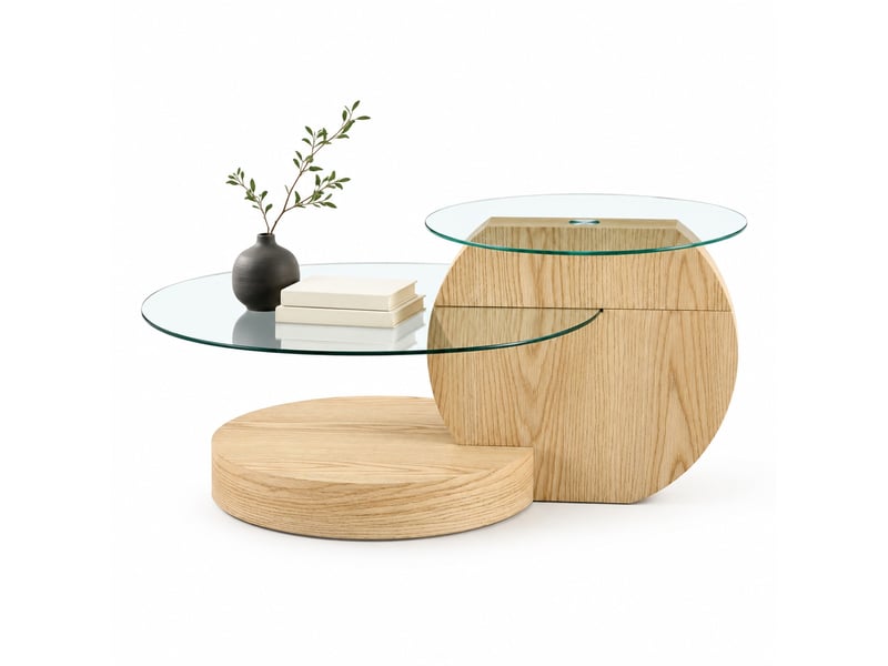  Table basse à deux niveaux en verre de sécurité et mdf décor bois clair, 90 x 70 x 44 cm  - Conforama A
