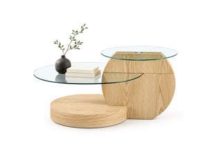 Table basse à deux niveaux en verre de sécurité et mdf décor bois clair, 90 x 70 x 44 cm