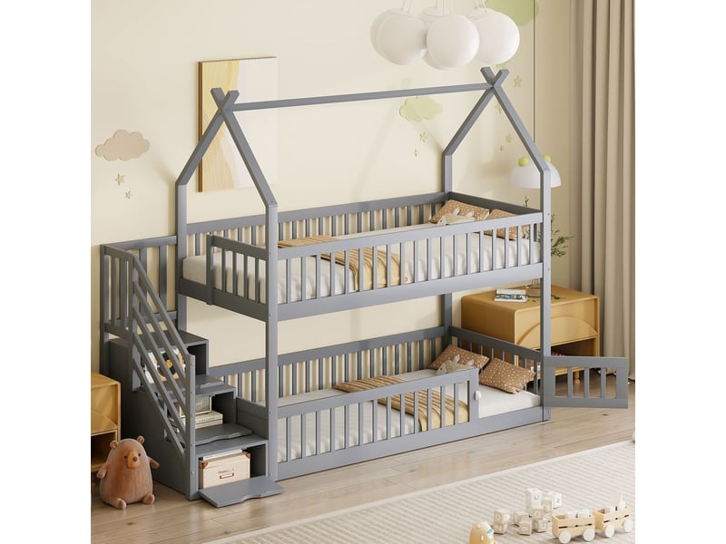  Lit superposé enfant - 90x200 cm - escalier avec tiroirs de rangement - lit superposé - design cabane bois massif gris avec barrière  - Conforama B