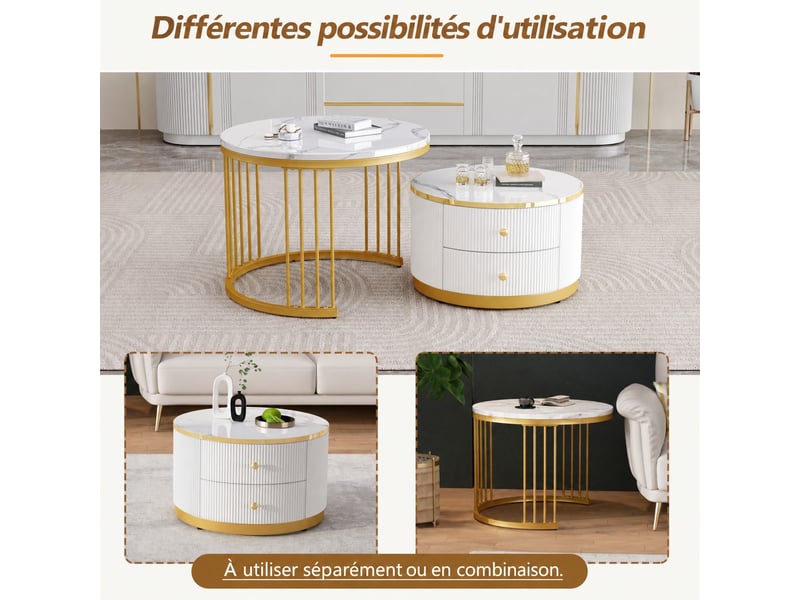  Lot de 2 tables basses gigognes rondes 60 et 50 cm, 2 tiroirs, effet marbre brillant, salon, blanc  - Conforama D