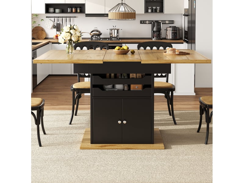  Table à manger extensible 110-140 x 80 x 76 cm rangement intégré 2 tiroirs design moderne mdf noir et naturel  - Conforama R