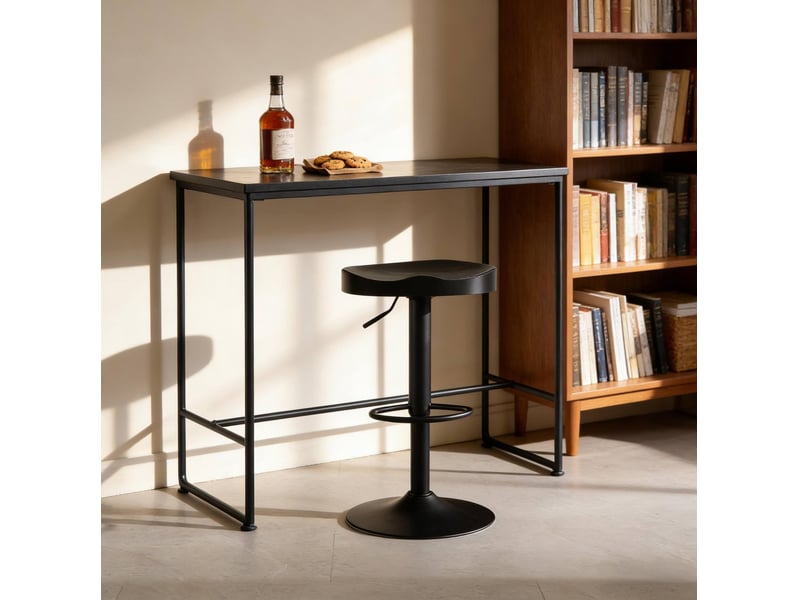 Tabouret de bar pivotant réglable en hauteur avec repose-pieds, assise ergonomique en bois et métal noir - Conforama D