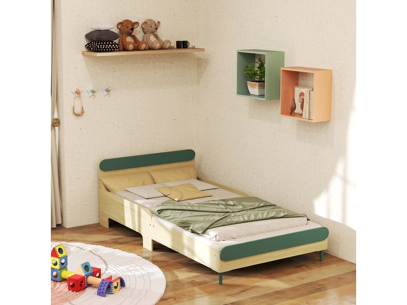 Lit au sol enfant avec barrière vert, lit junior 90x190 avec sommier à lattes - Conforama D